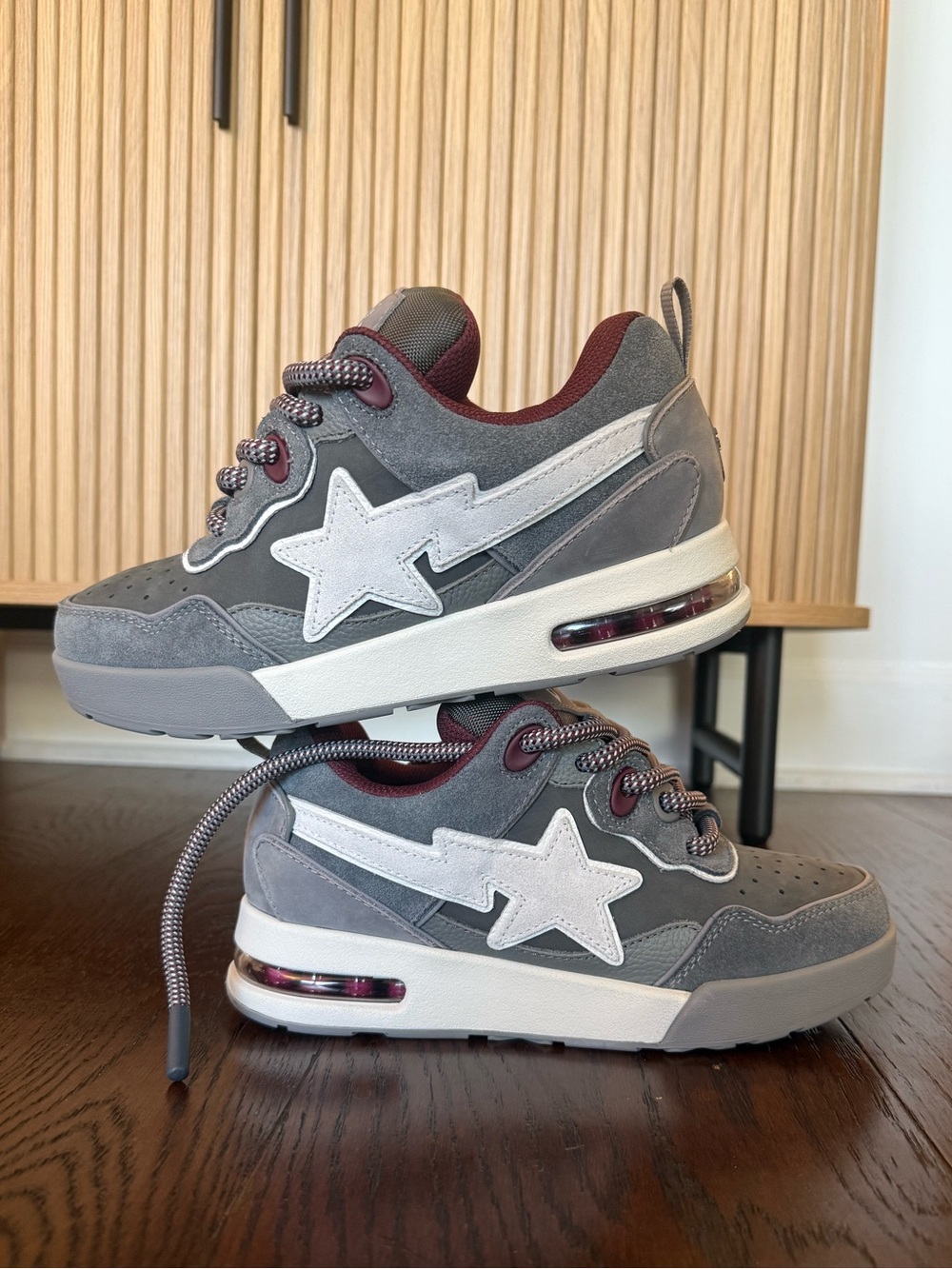 Bape Grey and Burgundy Star Accent Sneakers